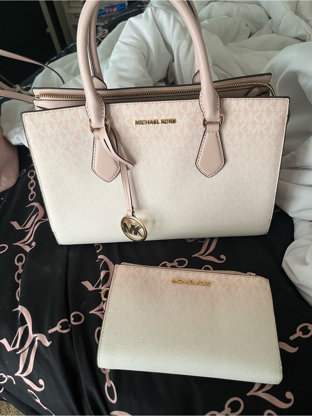 Michael Kors Pink & White Logo Purse & Wallet Set